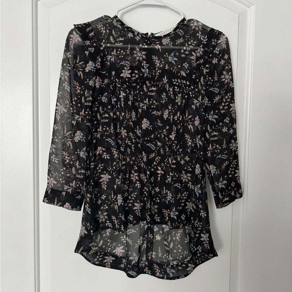 VERONICA BEARD Thompson Floral 100% Silk Ruffle Blouse Top Black Size 2 - Picture 6 of 10